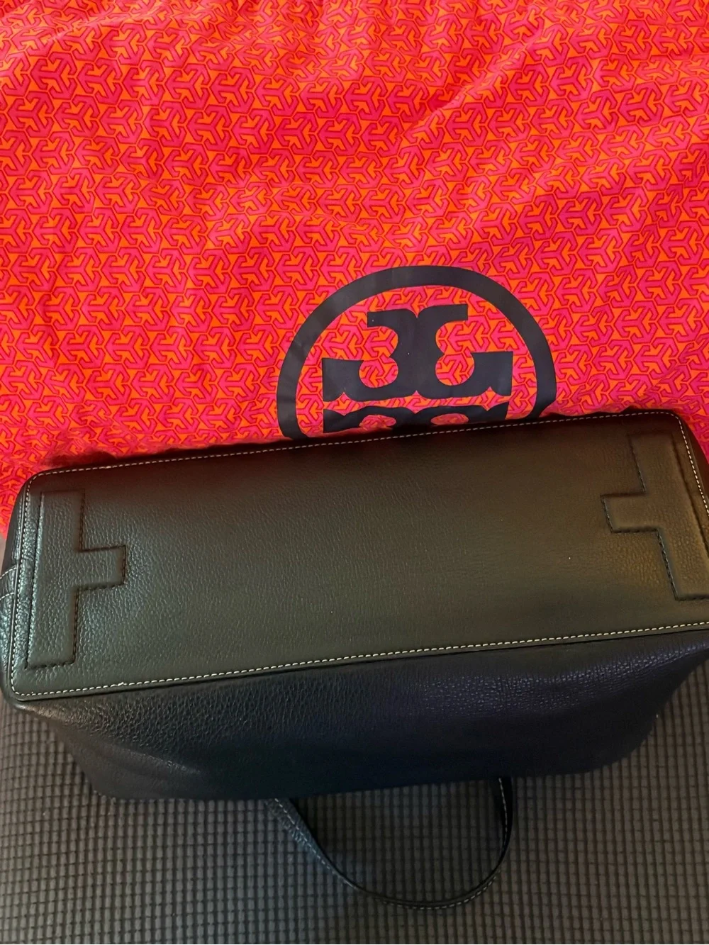 Tory Burch Black Perforated Logo Pebbled Leather Tote